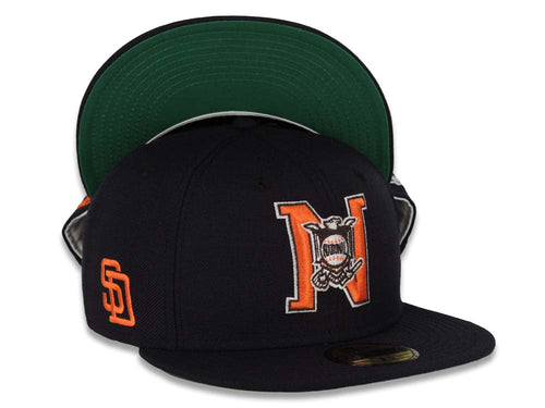 San Diego Padres New Era MLB 59FIFTY 5950 Fitted Cap Hat Navy Crown/Visor Orange/Brown/White NL National League Logo SD Side Patch Green UV