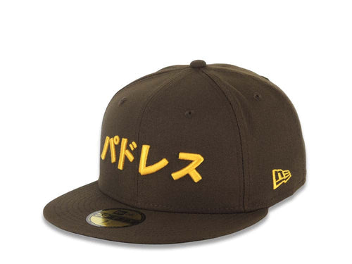 San Diego Padres New Era MLB 59FIFTY 5950 Fitted Cap Hat Brown Crown/Visor Yellow Japanese Letters/Text Logo 
