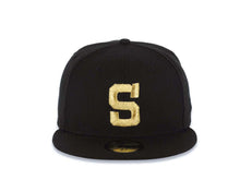 Load image into Gallery viewer, San Diego Padres New Era MLB 59FIFTY 5950 Fitted Cap Hat Black Crown/Visor Metallic Gold Pacific Coast League PCL S Logo Black UV
