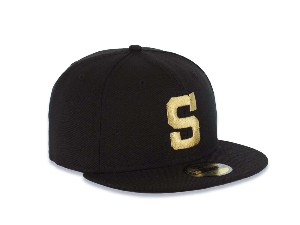 San Diego Padres New Era MLB 59FIFTY 5950 Fitted Cap Hat Black Crown/Visor Metallic Gold Pacific Coast League PCL S Logo Black UV 7 5/8