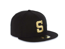 Load image into Gallery viewer, San Diego Padres New Era MLB 59FIFTY 5950 Fitted Cap Hat Black Crown/Visor Metallic Gold Pacific Coast League PCL S Logo Black UV
