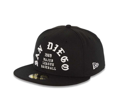 San Diego Padres New Era MLB 59FIFTY 5950 Fitted Cap Hat Black Crown/Visor White Text Logo