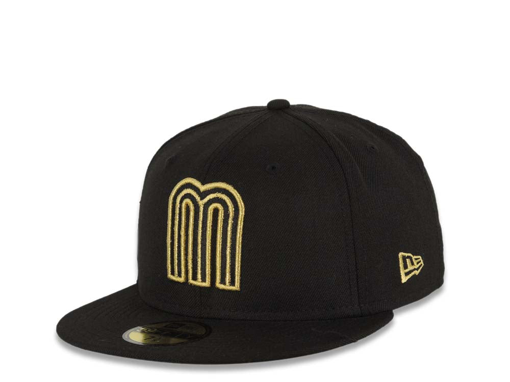 Mexico New Era 59FIFTY 5950 Fitted Cap Hat Black Crown/Visor Black/Metallic Gold Logo