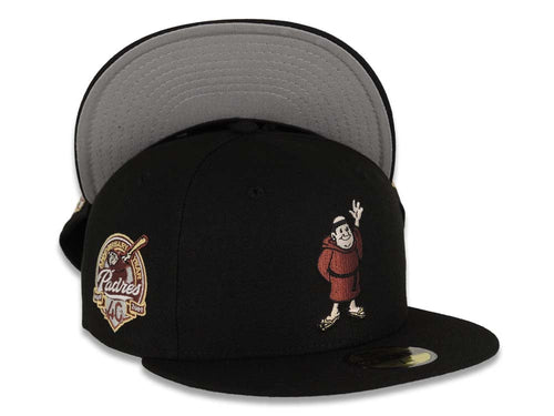 San Diego Padres New Era MLB 59FIFTY 5950 Fitted Cap Hat Black Crown/Visor Maroon/Gold/Black Waving Friar Logo 40th Anniversary Side Patch Gray UV