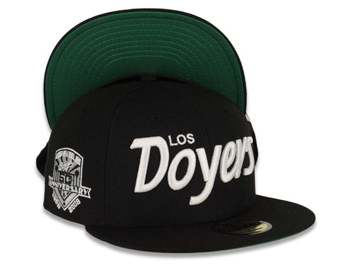 Los Angeles Dodgers New Era MLB 59FIFTY 5950 Fitted Cap Hat Black Crown/Visor White Los Doyers Script Logo 50th Anniversary Side Patch Green UV