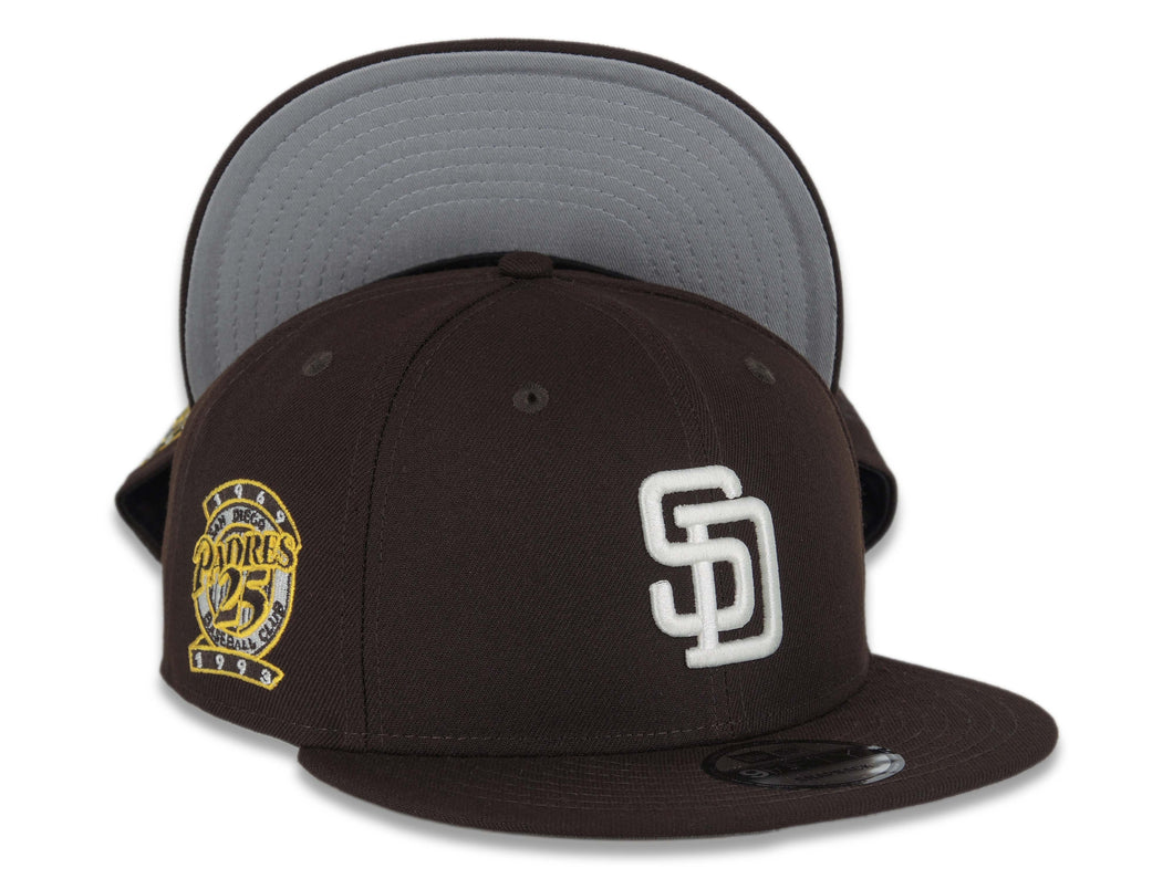 San Diego Padres New Era MLB 9FIFTY 950 Snapback Cap Hat Dark Brown Crown/Visor White Logo 25th Anniversary Side Patch Gray UV