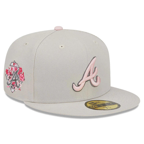Atlanta Braves New Era MLB 59FIFTY 5950 Fitted Cap Hat Stone Crown/Visor Pink/Gray Logo Mother's Day 2023 Side Patch PinkUV