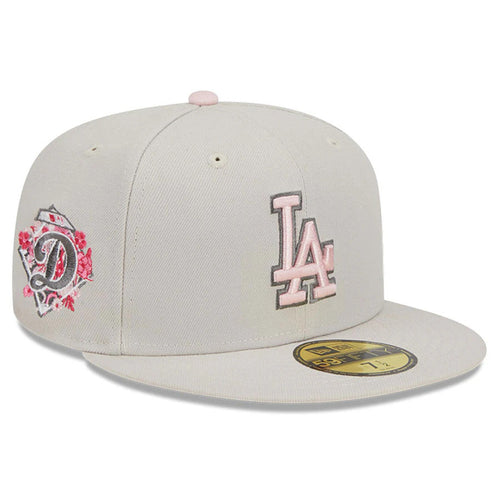 Los Angeles Dodgers New Era MLB 59FIFTY 5950 Fitted Cap Hat Stone Crown/Visor Pink/Gray Logo Mother's Day 2023 Side Patch Pink UV