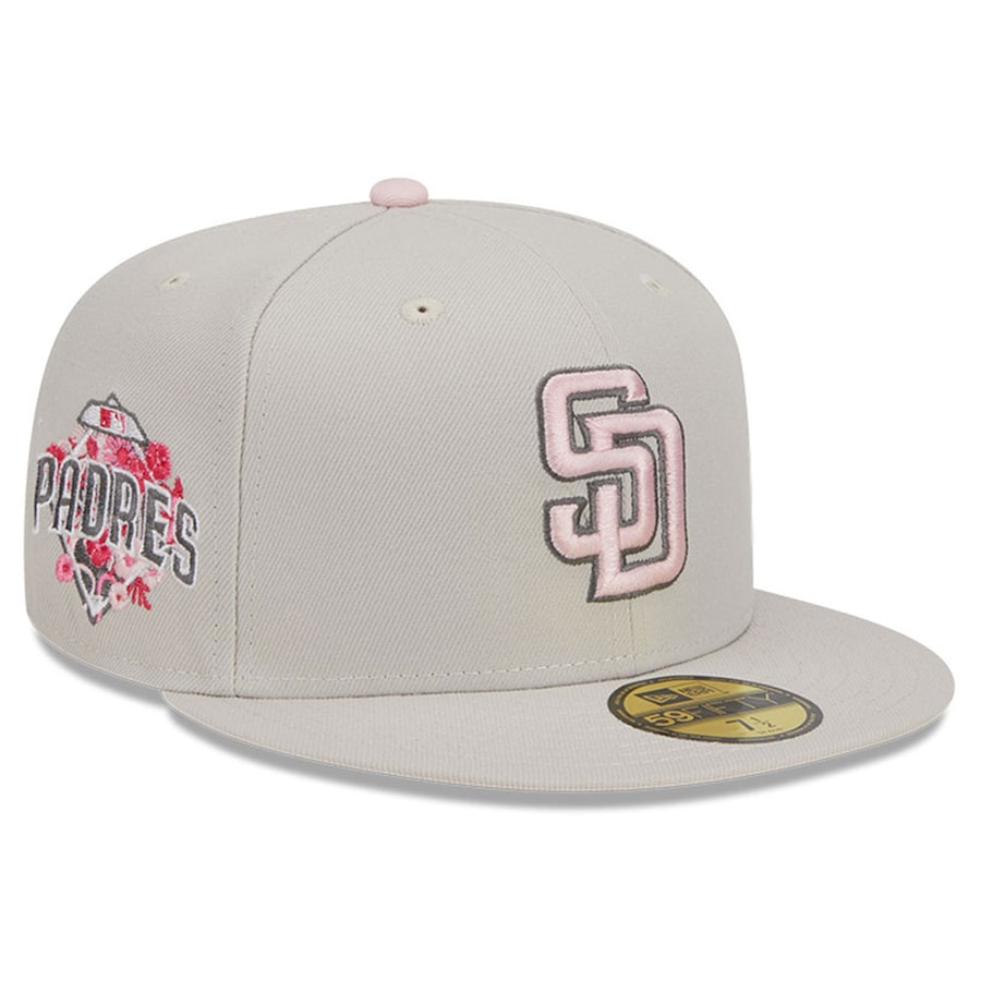 San Diego Padres New Era MLB 59FIFTY 5950 Fitted Cap Hat Stone Crown/Visor Pink/Gray Logo Mother's Day 2023 Side Patch Pink UV