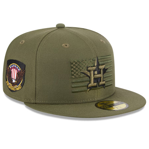 Houston Astros New Era MLB 59FIFTY 5950 Fitted Cap Hat Olive Green Crown/Visor Black/Olive Logo American Flag (2023 Armed Forces Day)