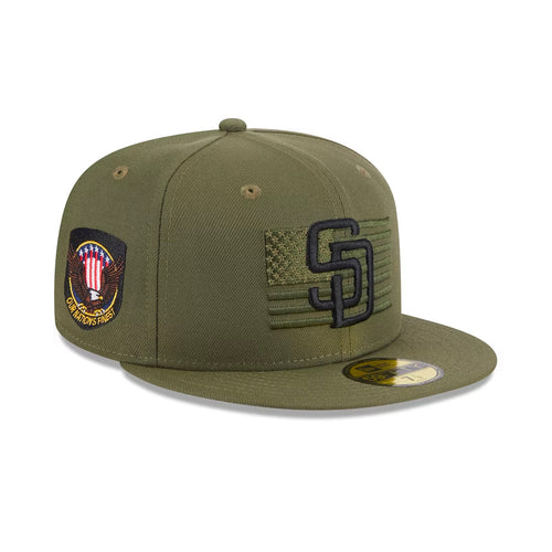 San Diego Padres New Era MLB 59FIFTY 5950 Fitted Cap Hat Olive Green Crown/Visor Black Logo American Flag (2023 Armed Forces Day)