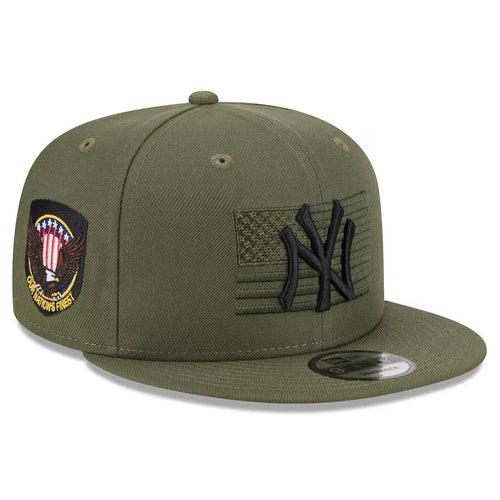 New York Yankees New Era MLB 9FIFTY 950 Snapback Cap Hat Olive Green Crown/Visor Black Logo American Flag (2023 Armed Forces Day)