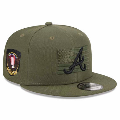 Atlanta Braves New Era MLB 9FIFTY 950 Snapback Cap Hat Olive Green Crown/Visor Black Logo With America Flag (2023 Armed Forces Day)