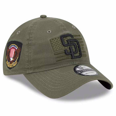 San Diego Padres New Era MLB 9TWENTY 920 Adjustable Cap Hat Olive Green Crown/Visor Black Logo With America Flag (2023 Armed Forces Day)