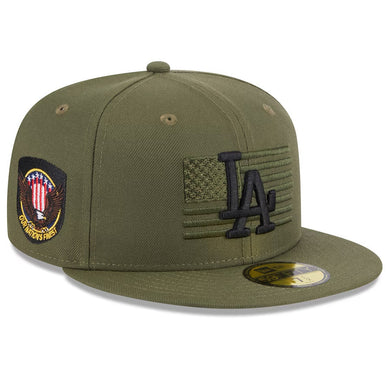 (Youth) Los Angeles Dodgers New Era MLB 59FIFTY 5950 Kids Fitted Cap Hat Olive Green Crown/Visor Black Logo American Flag (2023 Armed Forces Day)