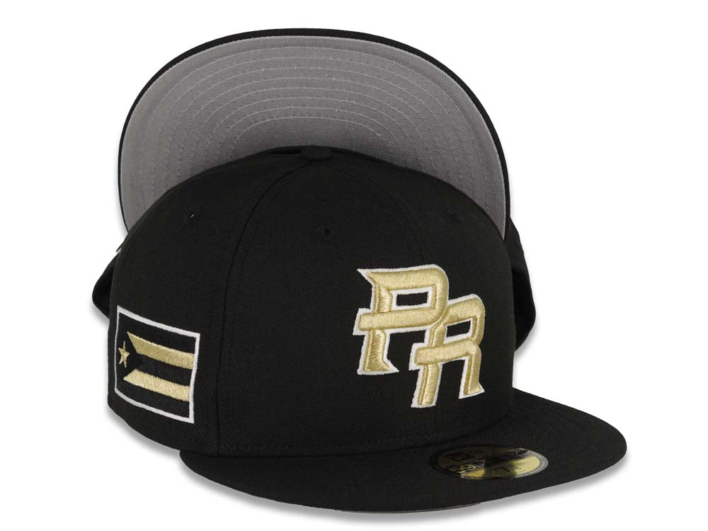 Puerto Rico New Era World Baseball Classic WBC 59FIFTY 5950 Fitted Cap Hat Black Crown/Visor Metallic Gold/White Logo Gray UV