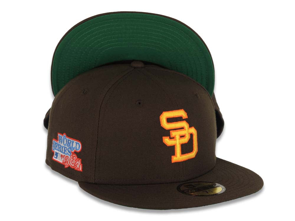 San Diego Padres New Era MLB 59FIFTY 5950 Fitted Cap Hat Brown Crown/Visor Yellow/Orange Cooperstown Logo 1984 World Series Side Patch Green UV