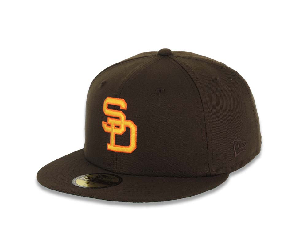 San Diego Padres New Era MLB 59FIFTY 5950 Fitted Cap Hat Brown Crown/Visor  Yellow/Orange Cooperstown Logo 1984 World Series Side Patch Green UV