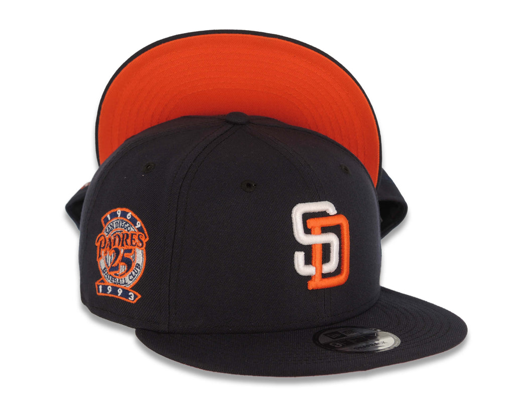 San Diego Padres New Era MLB 9FIFTY 950 Snapback Cap Hat Navy Crown/Visor White/Orange Logo 25th Anniversary Side Patch Orange UV