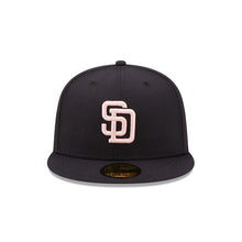 Load image into Gallery viewer, San Diego Padres New Era MLB 59FIFTY 5950 Fitted Cap Hat Dark Navy Crown/Visor Pink Logo 1998 World Series Side Patch Pink UV
