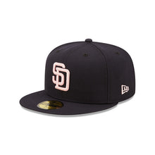 Load image into Gallery viewer, San Diego Padres New Era MLB 59FIFTY 5950 Fitted Cap Hat Dark Navy Crown/Visor Pink Logo 1998 World Series Side Patch Pink UV
