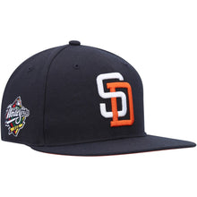 Load image into Gallery viewer, San Diego Padres &#39;47 Brand MLB Snapback Cap Hat Navy Crown/Visor White/Orange Logo 1998 World Series Side Patch Orange UV
