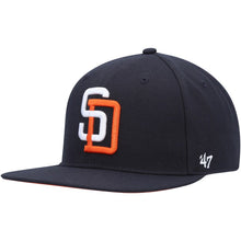 Load image into Gallery viewer, San Diego Padres &#39;47 Brand MLB Snapback Cap Hat Navy Crown/Visor White/Orange Logo 1998 World Series Side Patch Orange UV
