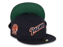 Load image into Gallery viewer, San Diego Padres New Era MLB 59FIFTY 5950 Fitted Cap Hat Dark Navy Crown/Visor Dark Navy/Orange Script Logo 25th Anniversary Side Patch Green UV
