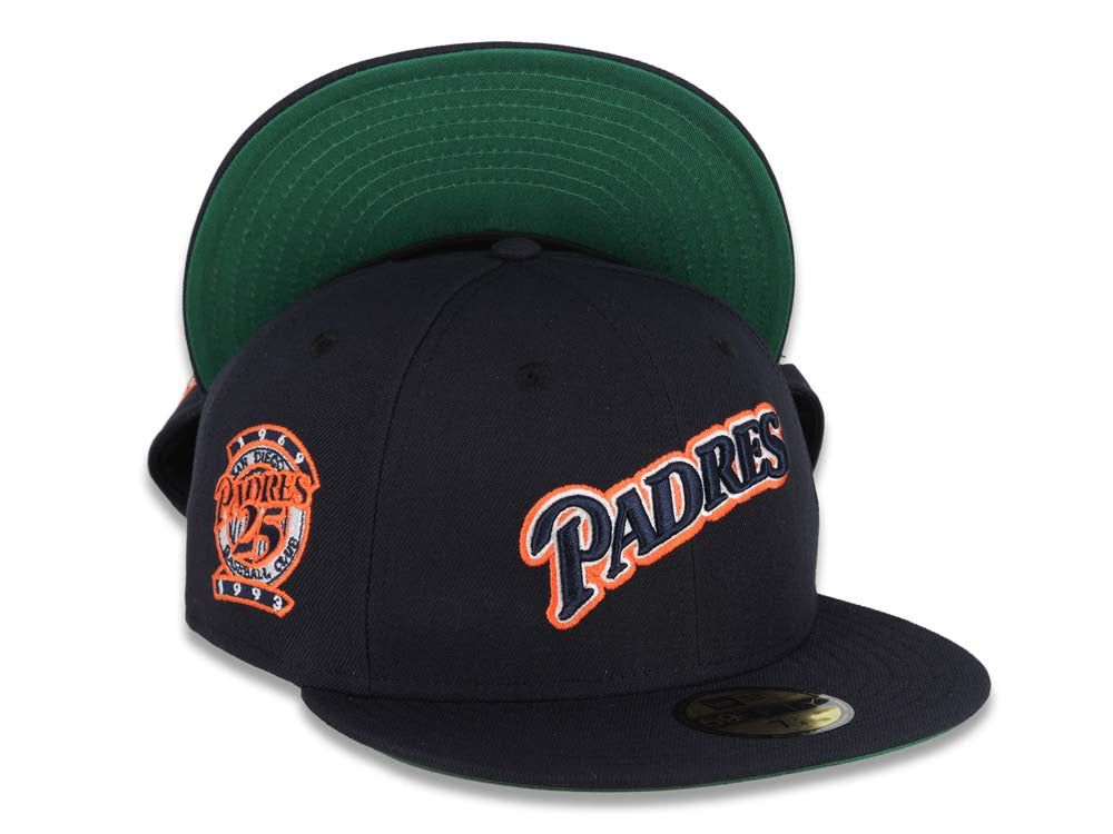 San Diego Padres New Era MLB 59FIFTY 5950 Fitted Cap Hat Dark Navy Crown/Visor Dark Navy/Orange Script Logo 25th Anniversary Side Patch Green UV