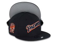Load image into Gallery viewer, San Diego Padres New Era MLB 9FIFTY 950 Snapback Cap Hat Navy Blue Crown/Visor Navy/Orange/White Script Logo 25th Anniversary Side Patch Gray UV
