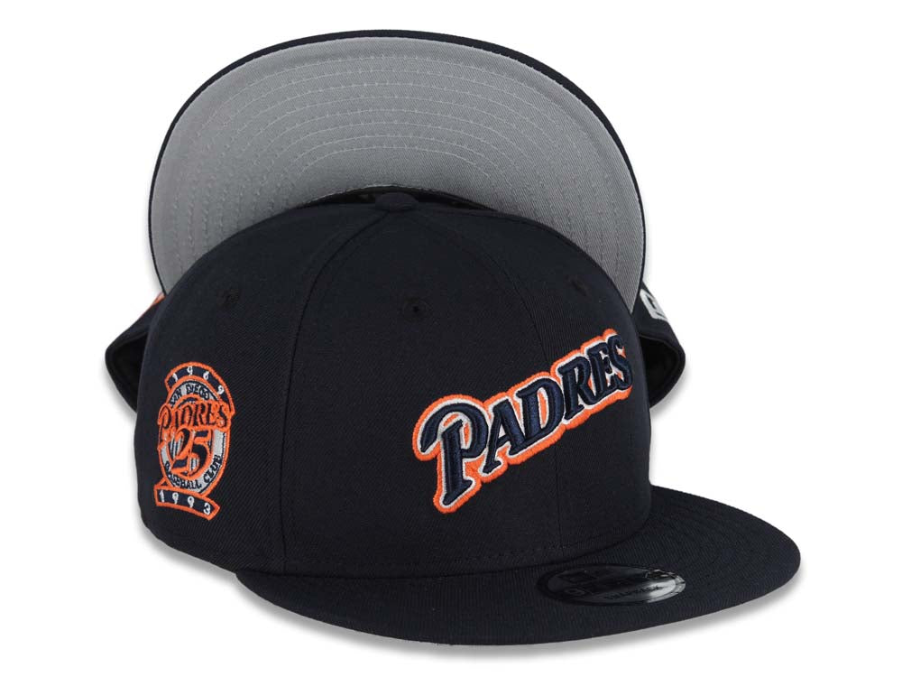 San Diego Padres New Era MLB 9FIFTY 950 Snapback Cap Hat Navy Blue Crown/Visor Navy/Orange/White Script Logo 25th Anniversary Side Patch Gray UV