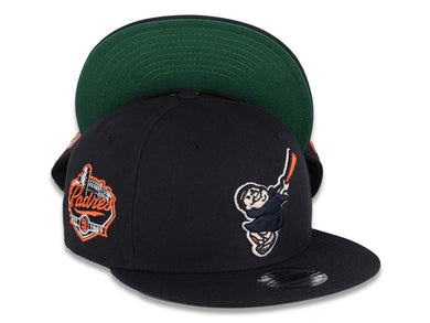 (Youth) San Diego Padres New Era MLB 9FIFTY 950 Snapback Cap Hat Navy Crown/Visor Navy/Orange Swinging Friar Logo Established 1969 Side Patch Green UV