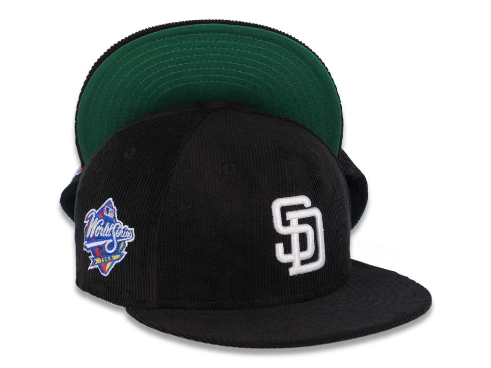 (Corduroy) San Diego Padres New Era MLB 59FIFTY 5950 Fitted Cap Hat Black Crown/Visor White Logo 1998 World Series Side Patch Green UV