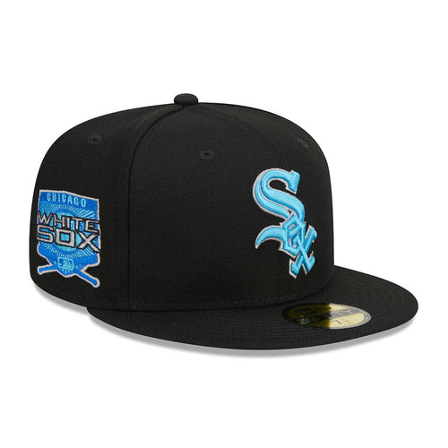 Chicago White Sox New Era MLB 59FIFTY 5950 Fitted Cap Hat Black Crown/Visor Sky Blue/White Logo Father's Day 2023 Side Patch Sky Blue UV