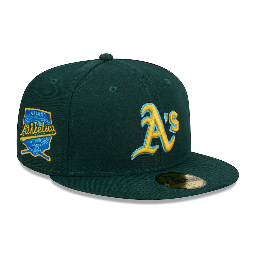 Oakland A's Athletics New Era MLB 59FIFTY 5950 Fitted Cap Hat Dark Green Crown/Visor Yellow/Sky Blue Logo Father's Day 2023 Side Patch Sky Blue UV