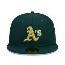 Load image into Gallery viewer, Oakland A&#39;s Athletics New Era MLB 59FIFTY 5950 Fitted Cap Hat Dark Green Crown/Visor Yellow/Sky Blue Logo Father&#39;s Day 2023 Side Patch Sky Blue UV
