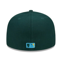 Load image into Gallery viewer, Oakland A&#39;s Athletics New Era MLB 59FIFTY 5950 Fitted Cap Hat Dark Green Crown/Visor Yellow/Sky Blue Logo Father&#39;s Day 2023 Side Patch Sky Blue UV

