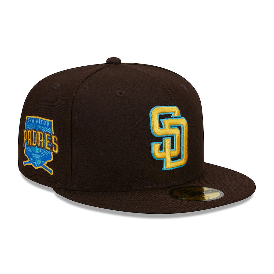 San Diego Padres New Era MLB 59FIFTY 5950 Fitted Cap Hat Dark Brown Crown/Visor Yellow/Sky Blue Logo Father's Day 2023 Side Patch Sky Blue UV