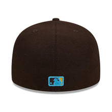 Load image into Gallery viewer, San Diego Padres New Era MLB 59FIFTY 5950 Fitted Cap Hat Dark Brown Crown/Visor Yellow/Sky Blue Logo Father&#39;s Day 2023 Side Patch Sky Blue UV
