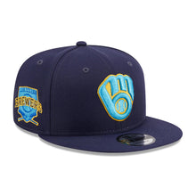Load image into Gallery viewer, Milwaukee Brewers New Era MLB 9FIFTY 950 Snapback Cap Hat Light Navy Crown/Visor Sky Blue/Yellow Logo Father&#39;s Day 2023 Side Patch Sky Blue UV
