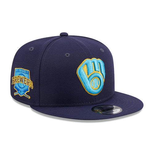 Milwaukee Brewers New Era MLB 9FIFTY 950 Snapback Cap Hat Light Navy Crown/Visor Sky Blue/Yellow Logo Father's Day 2023 Side Patch Sky Blue UV