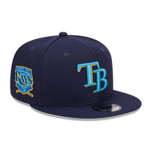 Load image into Gallery viewer, Tampa Bay Rays New Era MLB 9FIFTY 950 Snapback Cap Hat Light Navy Crown/Visor Sky Blue/Yellow Logo Father&#39;s Day 2023 Side Patch Sky Blue UV
