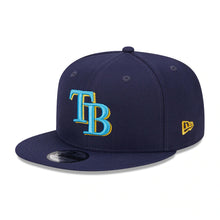 Load image into Gallery viewer, Tampa Bay Rays New Era MLB 9FIFTY 950 Snapback Cap Hat Light Navy Crown/Visor Sky Blue/Yellow Logo Father&#39;s Day 2023 Side Patch Sky Blue UV
