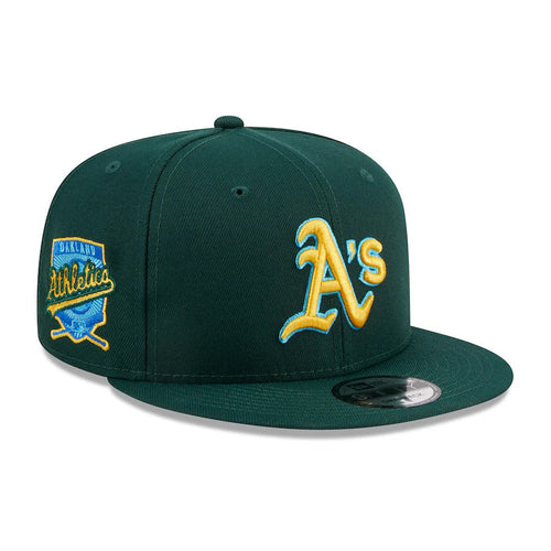 Oakland A's Athletics New Era MLB 9FIFTY 950 Snapback Cap Hat Dark Green Crown/Visor Yellow/Sky Blue Logo Father's Day 2023 Side Patch Sky Blue UV