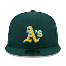 Load image into Gallery viewer, Oakland A&#39;s Athletics New Era MLB 9FIFTY 950 Snapback Cap Hat Dark Green Crown/Visor Yellow/Sky Blue Logo Father&#39;s Day 2023 Side Patch Sky Blue UV
