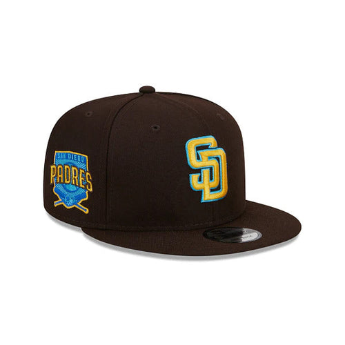 San Diego Padres New Era MLB 9FIFTY 950 Snapback Cap Hat Dark Brown Crown/Visor Yellow/Sky Blue Logo Father's Day 2023 Side Patch Sky Blue UV