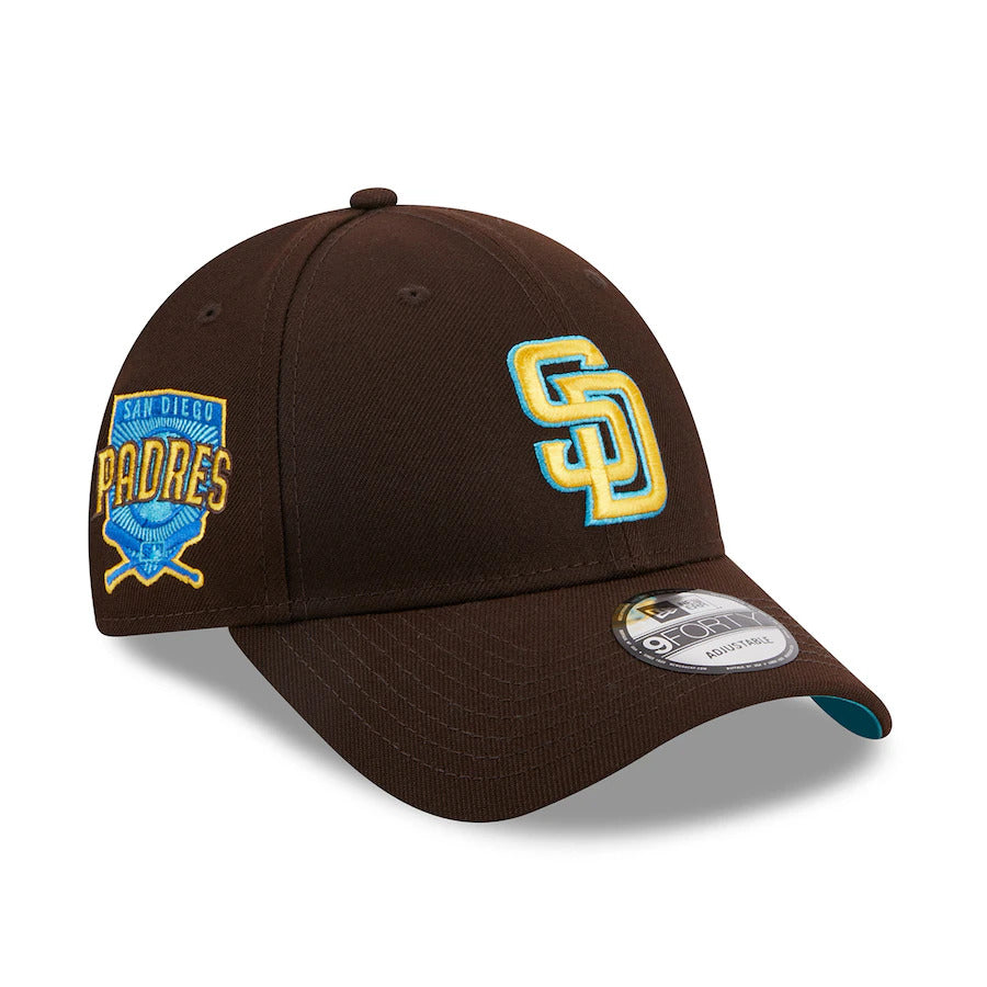 San Diego Padres New Era MLB 9FORTY 940 Adjustable Cap Hat Dark Brown Crown/Visor Yellow/Sky Blue Logo Father's Day 2023 Side Patch Sky Blue UV