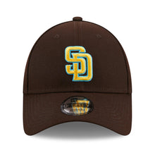 Load image into Gallery viewer, San Diego Padres New Era MLB 9FORTY 940 Adjustable Cap Hat Dark Brown Crown/Visor Yellow/Sky Blue Logo Father&#39;s Day 2023 Side Patch Sky Blue UV
