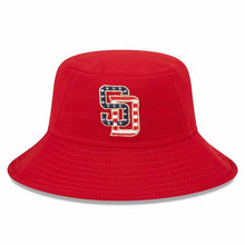 Load image into Gallery viewer, San Diego Padres New Era MLB Bucket Cap Hat Red Crown/Visor Red/White/Blue America Flag Logo USA (2023 4th of July)
