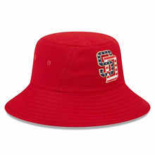 Load image into Gallery viewer, San Diego Padres New Era MLB Bucket Cap Hat Red Crown/Visor Red/White/Blue America Flag Logo USA (2023 4th of July)
